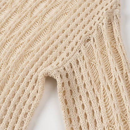 Blusa de punto de manga larga con cuello redondo holgado y aberturas laterales para mujer de verano