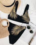 Maillot de bain fendu pour femme, imprimé feuilles dorées, bikini sexy