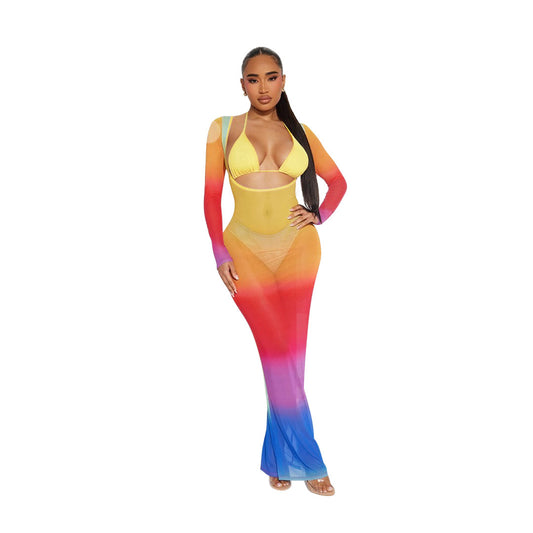 Sexy Women Wear Printed Three Piece Set Lace Up Underwear Briefs Long Sleeve Narrow Dress