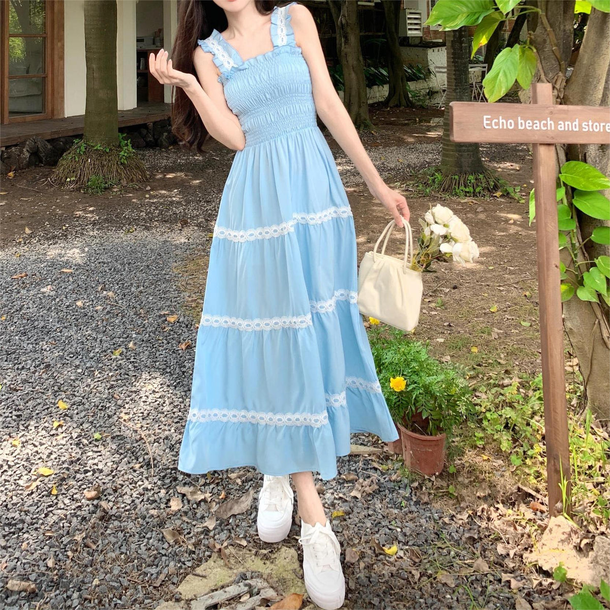 Women Clothing Summer French Gentle Sweet Spaghetti Strap Dress Women Waist Trimming Slimming Dress FDrnbmw