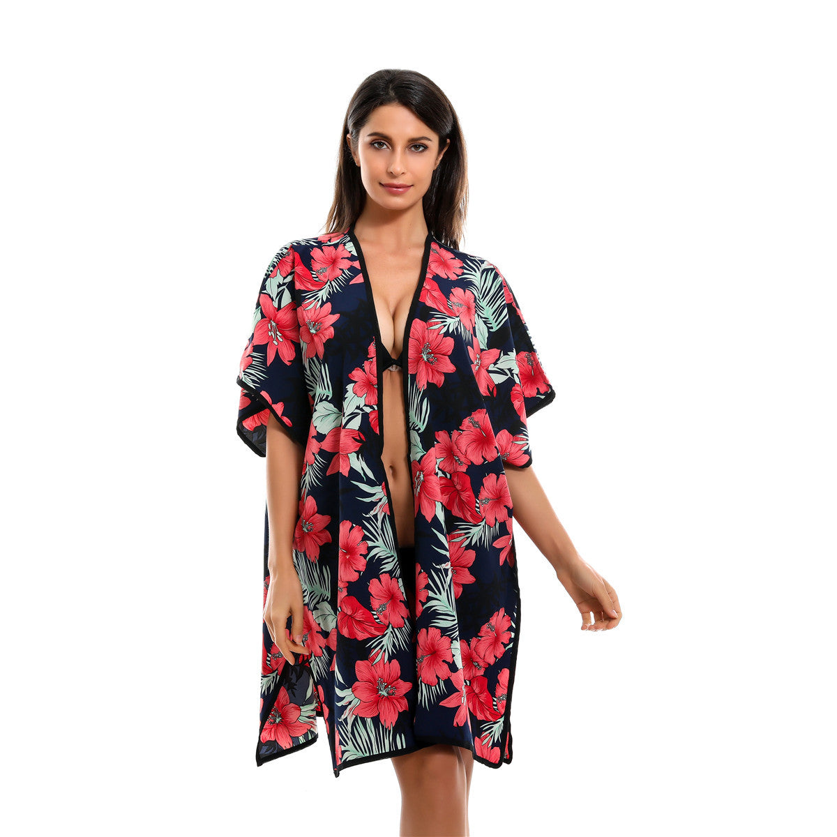 Floral Print Mid Length Chiffon Beach Sun Protection Blouse Coat