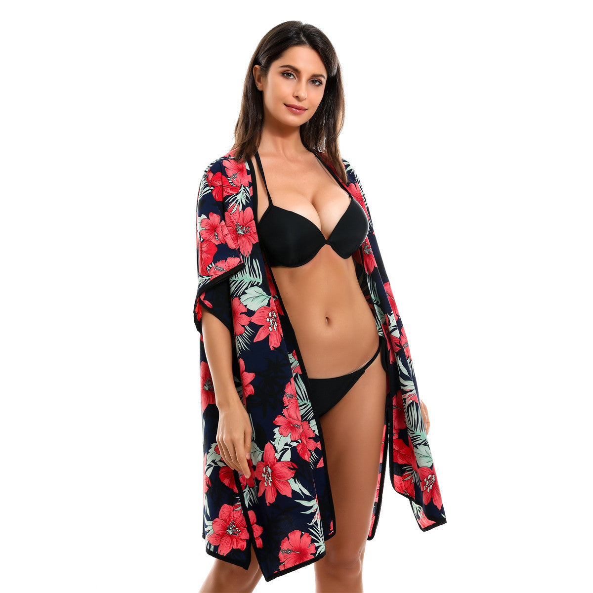 Floral Print Mid Length Chiffon Beach Sun Protection Blouse Coat