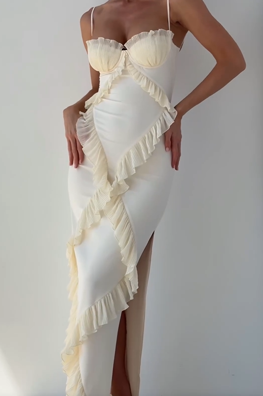 Summer White Tube Top Pleated Ruffled Patchwork Slit Camisole Dress CHEN