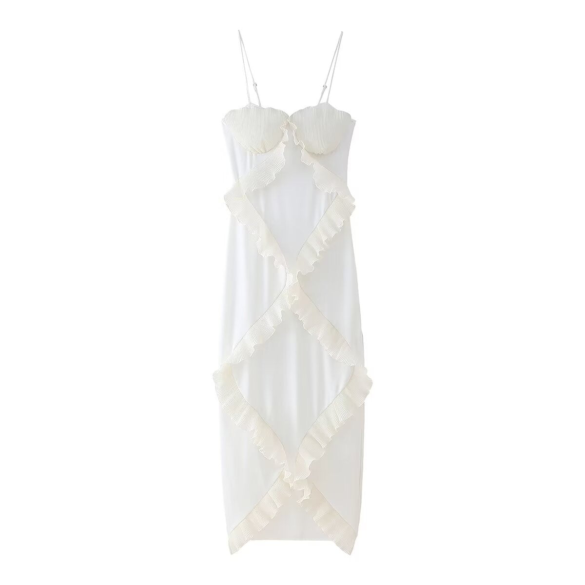 Summer White Tube Top Pleated Ruffled Patchwork Slit Camisole Dress CHEN