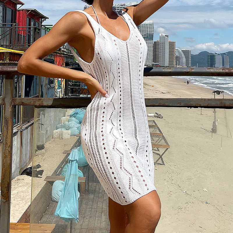 Women Clothing Short Knitted Texture Hollow Out Cutout out See through Camisole Sexy Short Dress Beach Dress Crochet hook