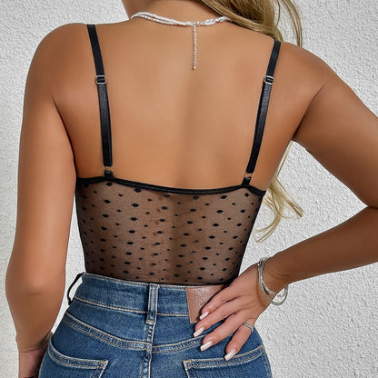 Mesh Polka Dot See through Backless Boning Corset Steel Ring Slim Fit Sexy High Grade Suspender Jumpsuit for Women