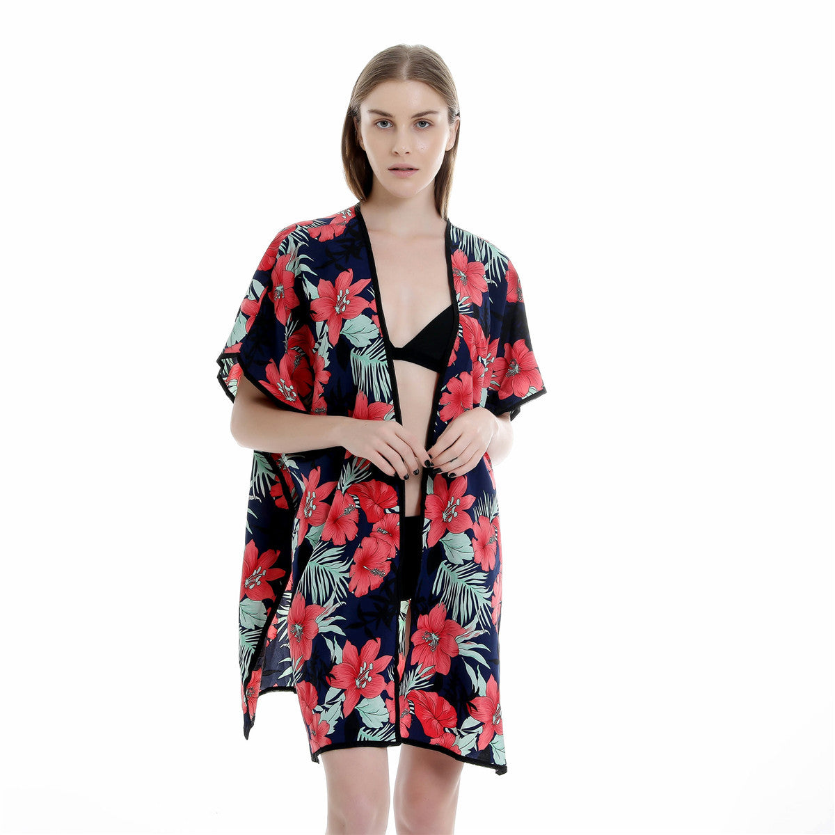 Floral Print Mid Length Chiffon Beach Sun Protection Blouse Coat