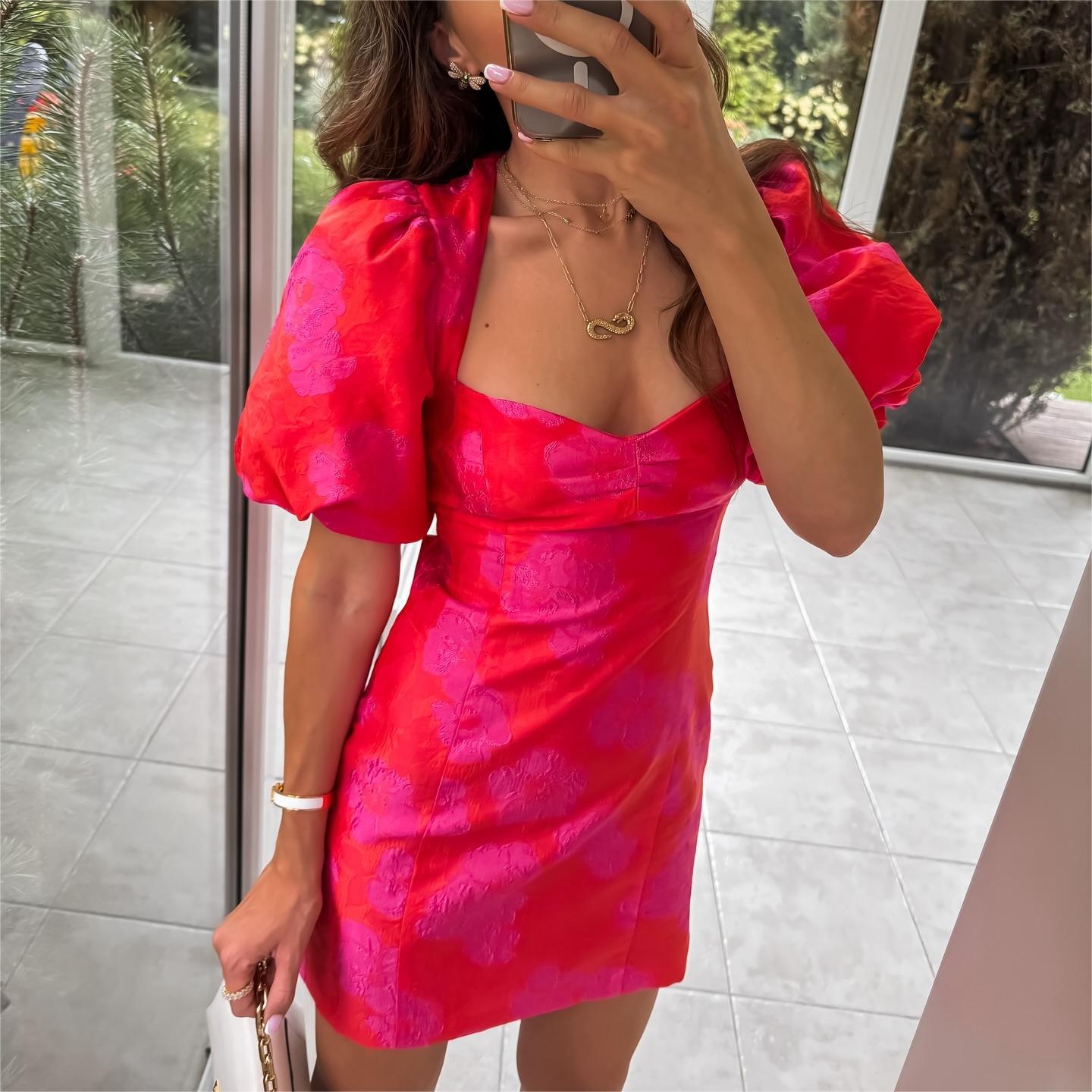 Sexy Square Neck Puff Sleeves Jacquard Dress Cross Backless Slim Fit Hip Wrapped Sexy Dress
