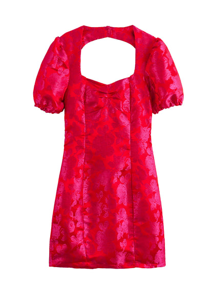 Sexy Square Neck Puff Sleeves Jacquard Dress Cross Backless Slim Fit Hip Wrapped Sexy Dress