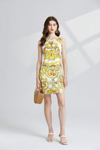 Elegant Yellow Flower Porcelain Casual Round Neck Backless Vest Dress All Match Buckle Dress ESUNG