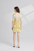 Elegant Yellow Flower Porcelain Casual Round Neck Backless Vest Dress All Match Buckle Dress ESUNG