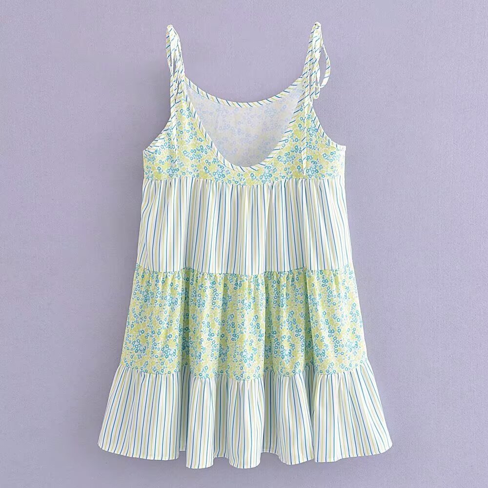 Women Floral Striped Stitching Suspender Vacation Lace up Dress