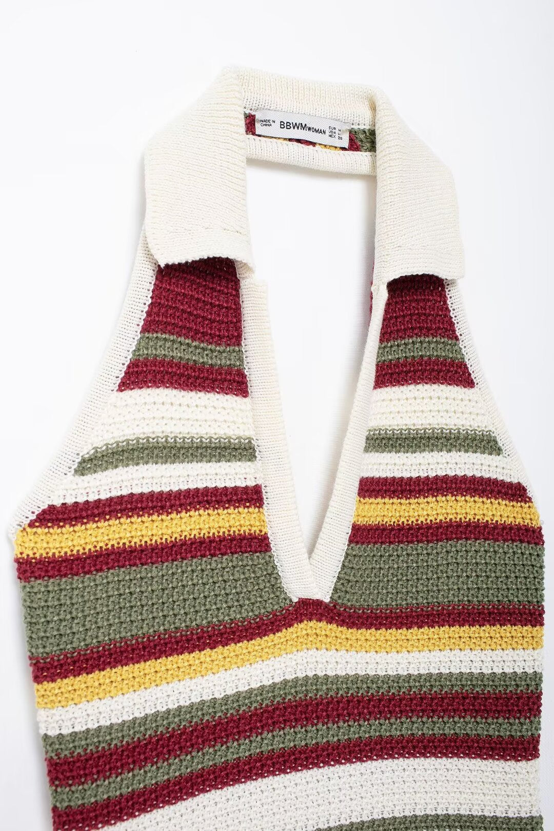 Women Clothing Autumn V Neck Colorful Striped Contrast Color Slim Fit Hip Crochet Dress Shell