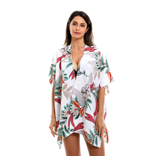 Blusa de gasa con estampado floral para primavera, verano, vacaciones, viajes, playa, protección solar