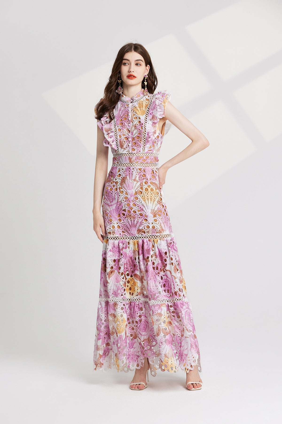 Heavy Industry Water Soluble Lace Stitching Lace Small Vertical Collar Flying Sleeve High Waist Dress ESUNG