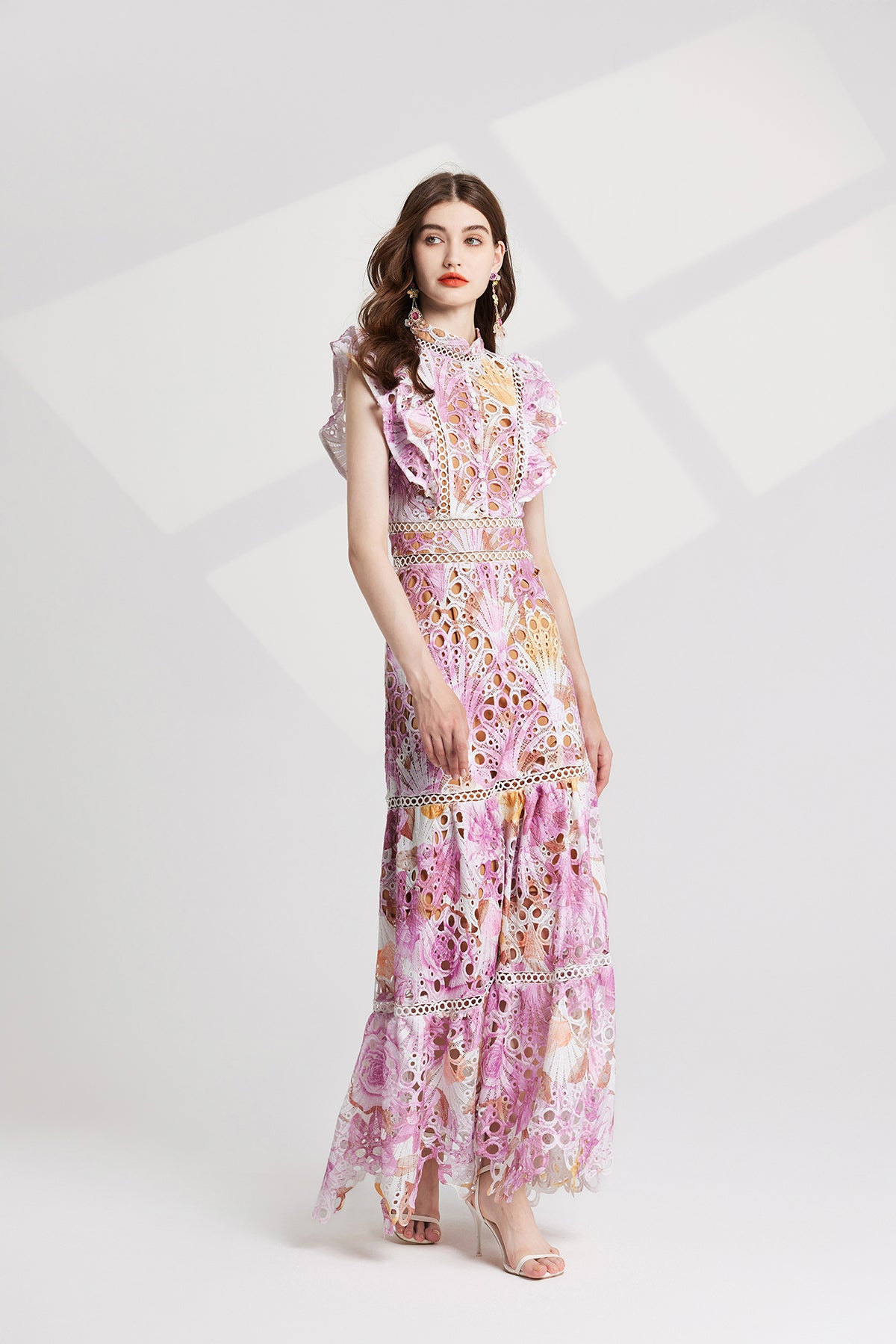 Heavy Industry Water Soluble Lace Stitching Lace Small Vertical Collar Flying Sleeve High Waist Dress ESUNG