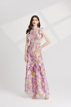 Heavy Industry Water Soluble Lace Stitching Lace Small Vertical Collar Flying Sleeve High Waist Dress ESUNG