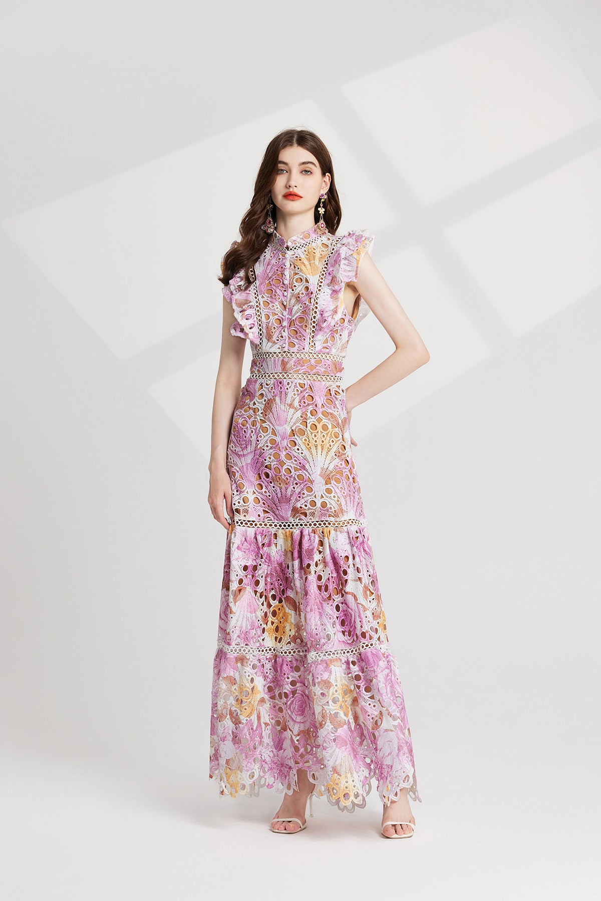 Heavy Industry Water Soluble Lace Stitching Lace Small Vertical Collar Flying Sleeve High Waist Dress ESUNG