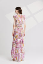 Heavy Industry Water Soluble Lace Stitching Lace Small Vertical Collar Flying Sleeve High Waist Dress ESUNG