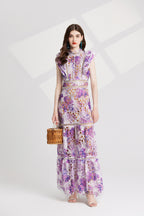 Heavy Industry Water Soluble Lace Stitching Lace Small Vertical Collar Flying Sleeve High Waist Dress ESUNG