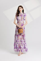 Heavy Industry Water Soluble Lace Stitching Lace Small Vertical Collar Flying Sleeve High Waist Dress ESUNG