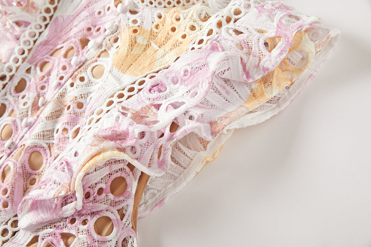 Heavy Industry Water Soluble Lace Stitching Lace Small Vertical Collar Flying Sleeve High Waist Dress ESUNG