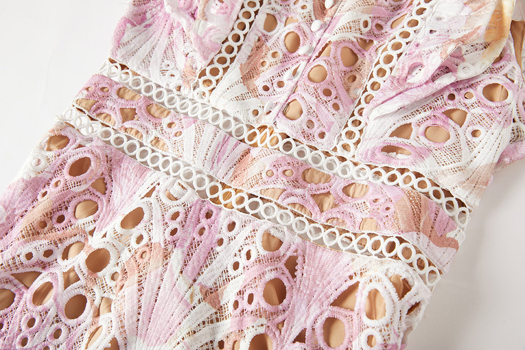 Heavy Industry Water Soluble Lace Stitching Lace Small Vertical Collar Flying Sleeve High Waist Dress ESUNG