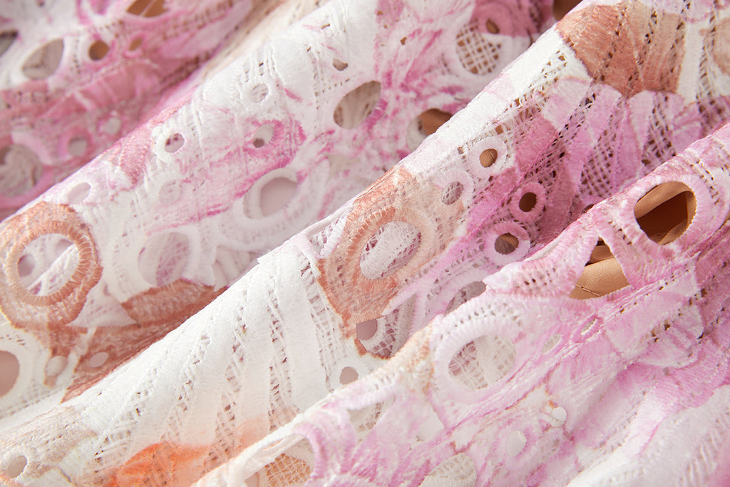 Heavy Industry Water Soluble Lace Stitching Lace Small Vertical Collar Flying Sleeve High Waist Dress ESUNG