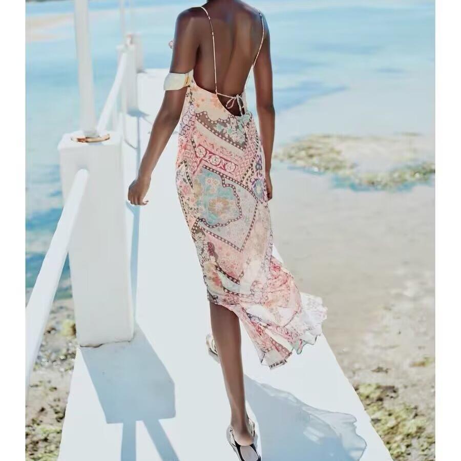 Women Backless Printing Color Contrast Loose Sling Dress YiPin