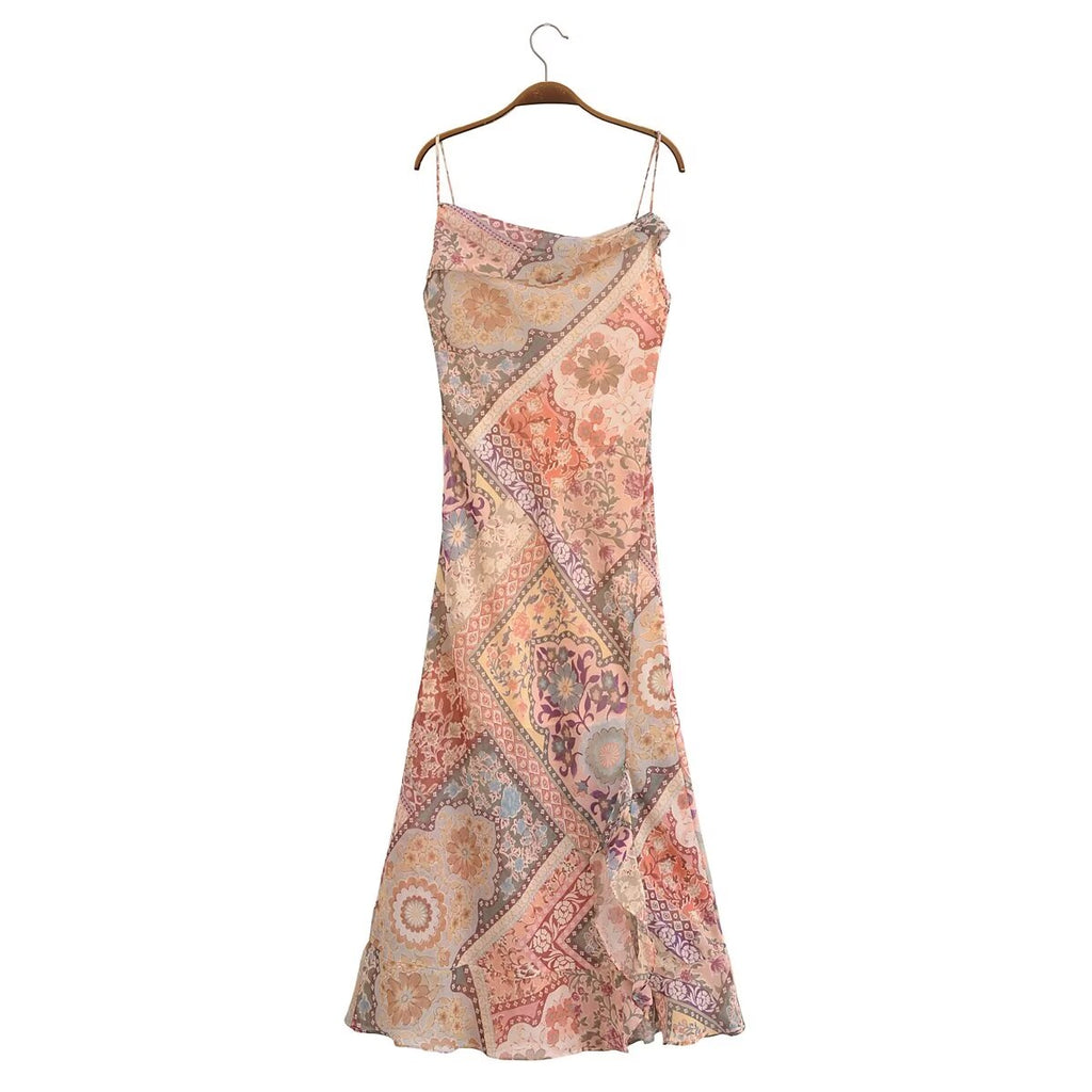Women Backless Printing Color Contrast Loose Sling Dress YiPin