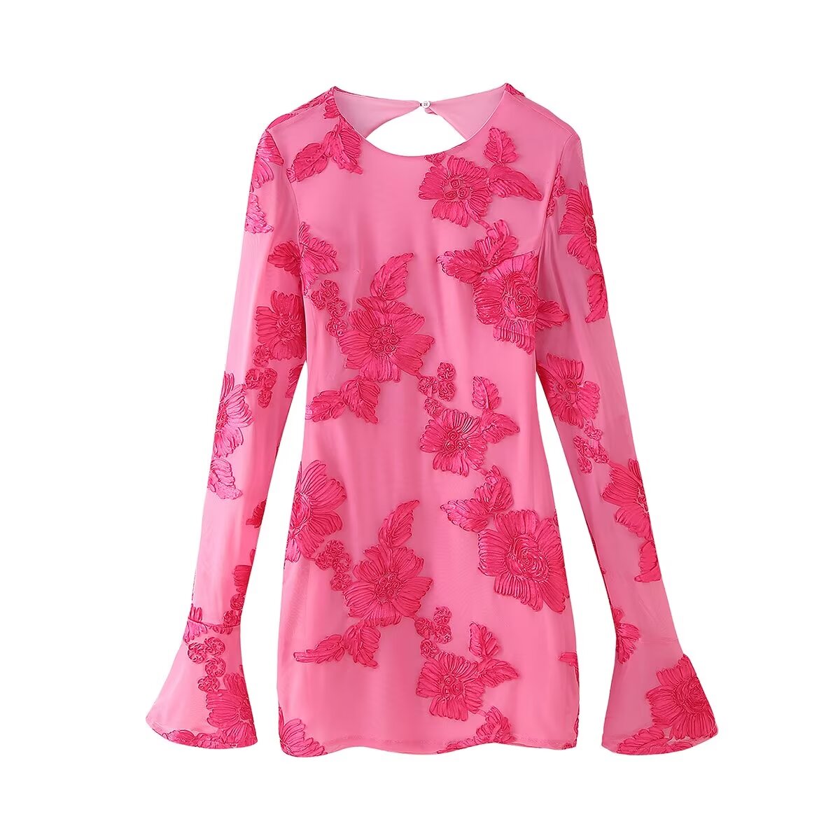 Robe dos nu à manches longues et col rond pour femme, vêtement d'automne, ajouré, découpé, motif floral tridimensionnel