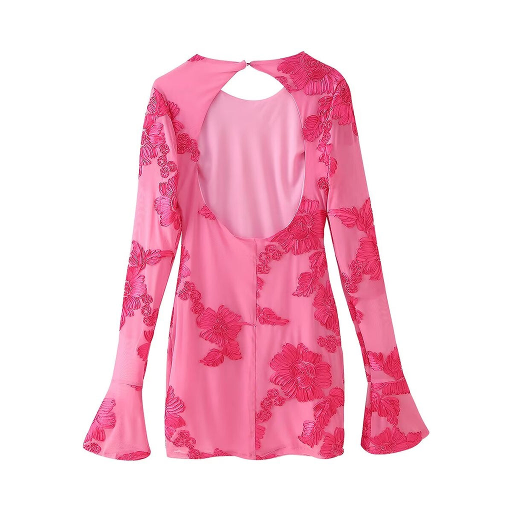 Robe dos nu à manches longues et col rond pour femme, vêtement d'automne, ajouré, découpé, motif floral tridimensionnel