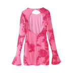 Robe dos nu à manches longues et col rond pour femme, vêtement d'automne, ajouré, découpé, motif floral tridimensionnel
