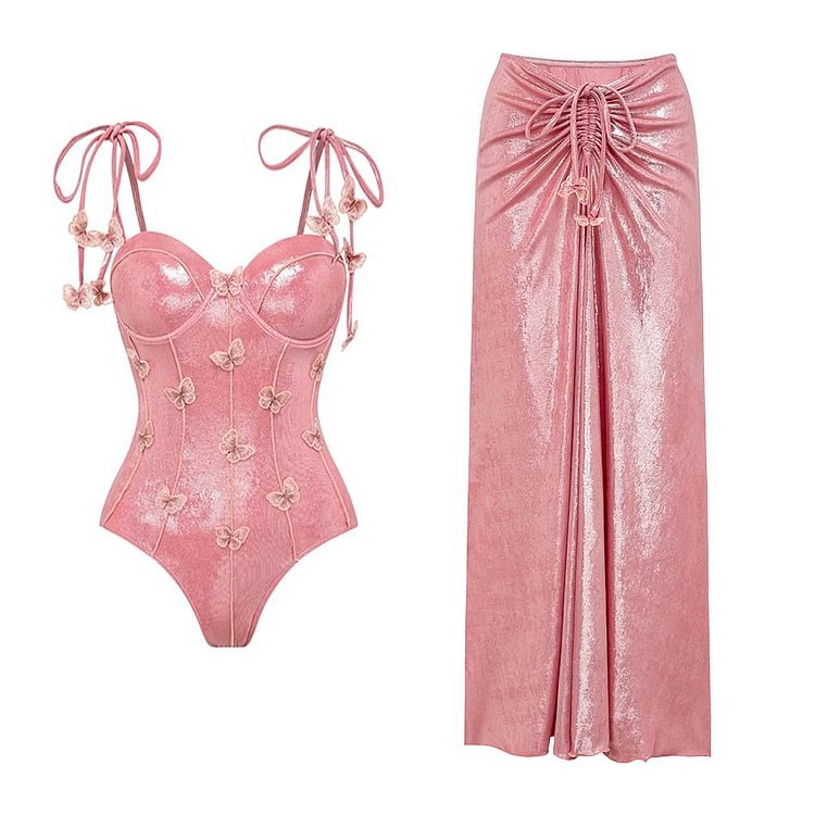 Traje de baño de una pieza con lazo de tela luminosa para mujer
