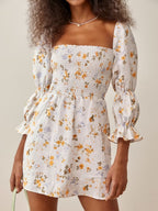Summer French Printed Pleated Puff Sleeve Dress OMI