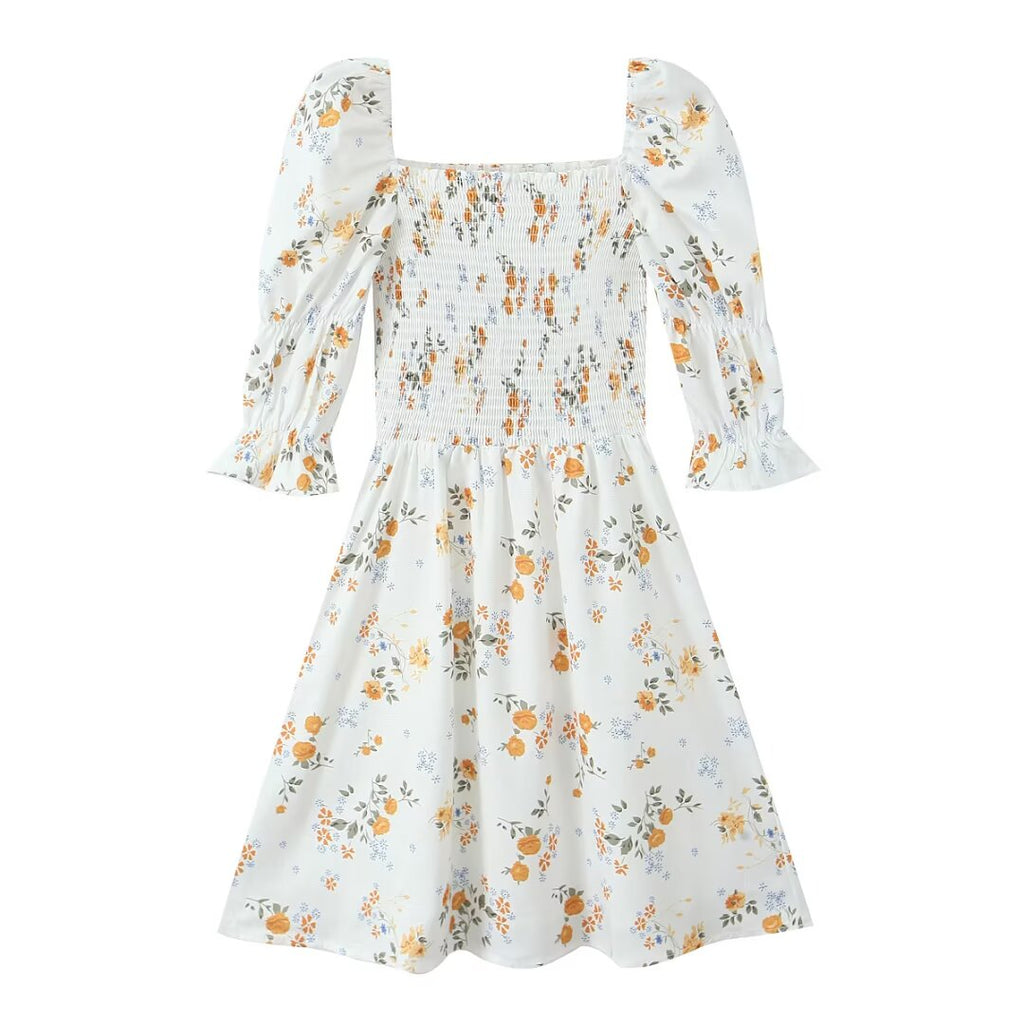 Summer French Printed Pleated Puff Sleeve Dress OMI