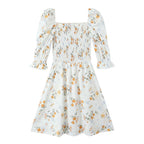 Summer French Printed Pleated Puff Sleeve Dress OMI