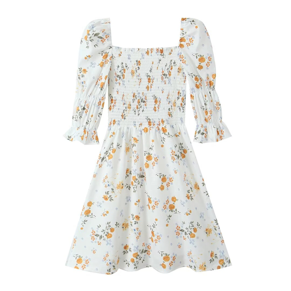 Summer French Printed Pleated Puff Sleeve Dress OMI