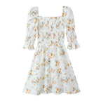 Summer French Printed Pleated Puff Sleeve Dress OMI
