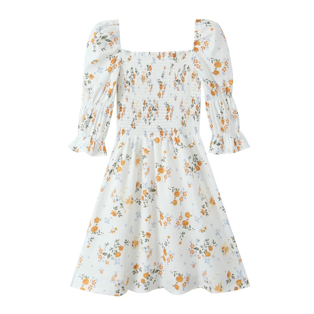 Summer French Printed Pleated Puff Sleeve Dress OMI