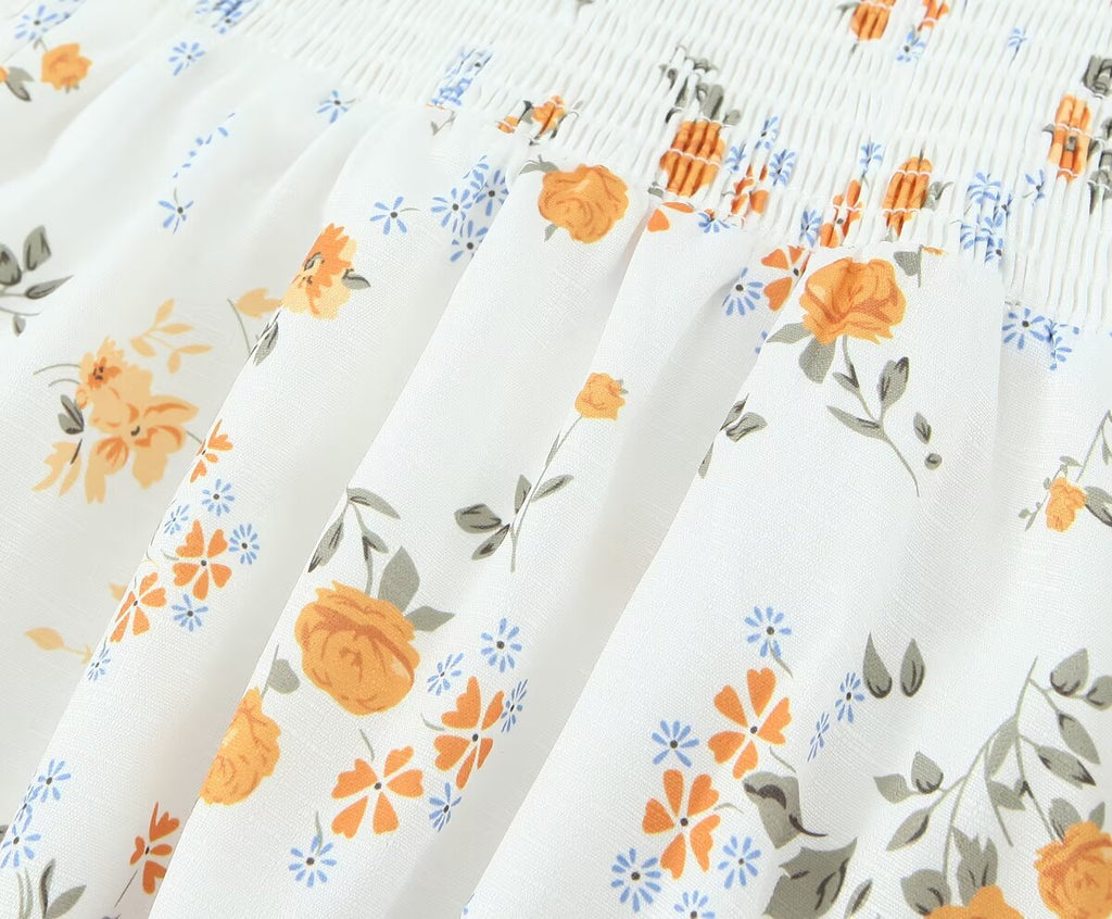 Summer French Printed Pleated Puff Sleeve Dress OMI