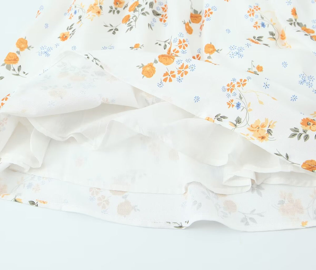 Summer French Printed Pleated Puff Sleeve Dress OMI