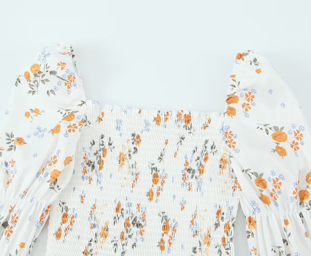 Summer French Printed Pleated Puff Sleeve Dress OMI