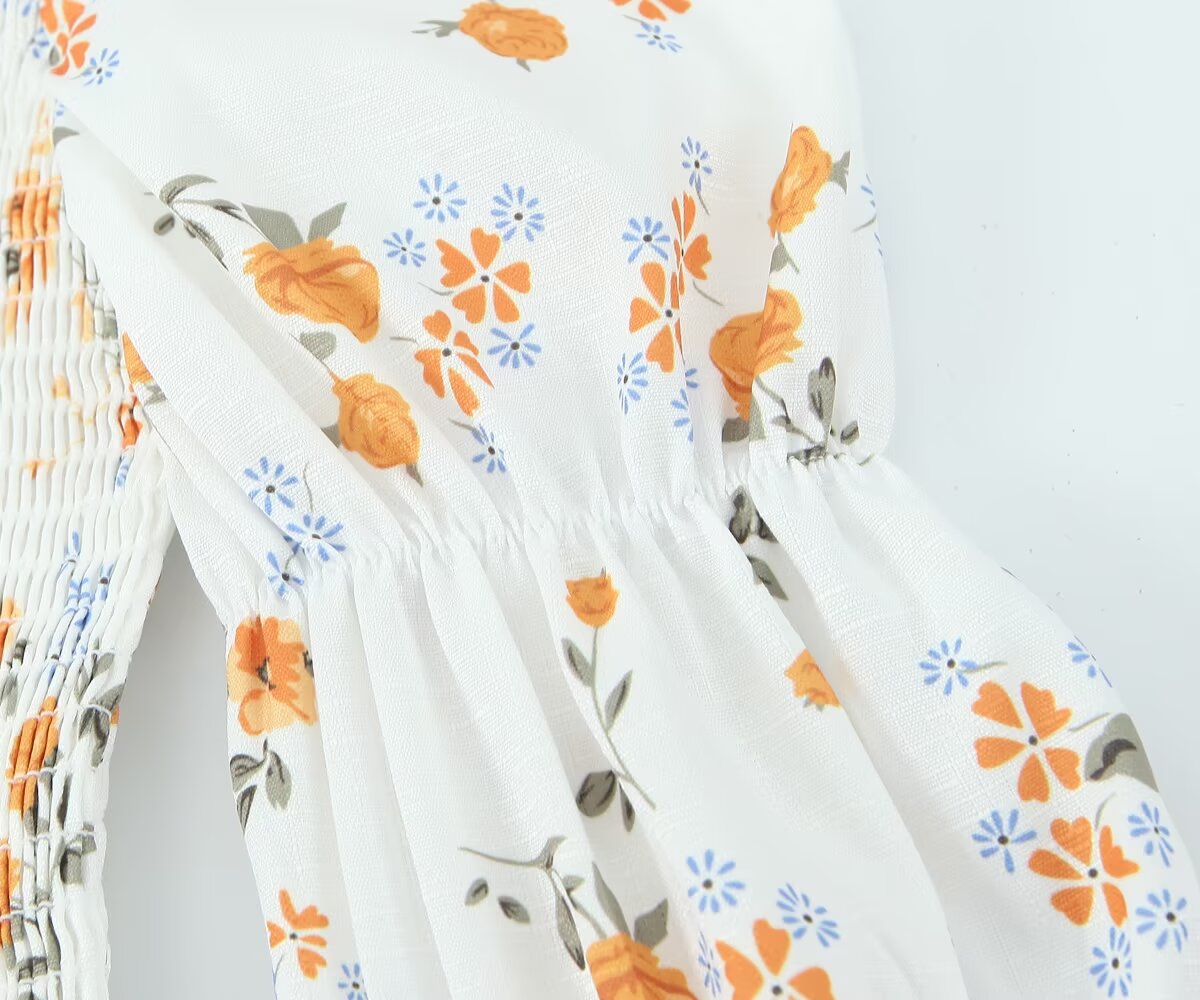 Summer French Printed Pleated Puff Sleeve Dress OMI