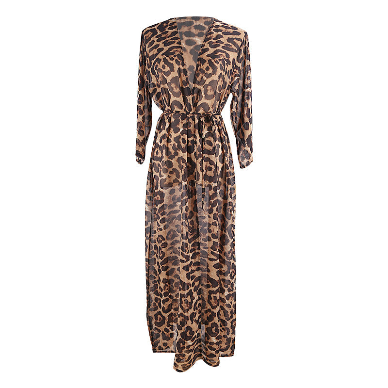 Cárdigan largo holgado de gasa con estampado de leopardo para playa, protección solar, para playa, para mujer
