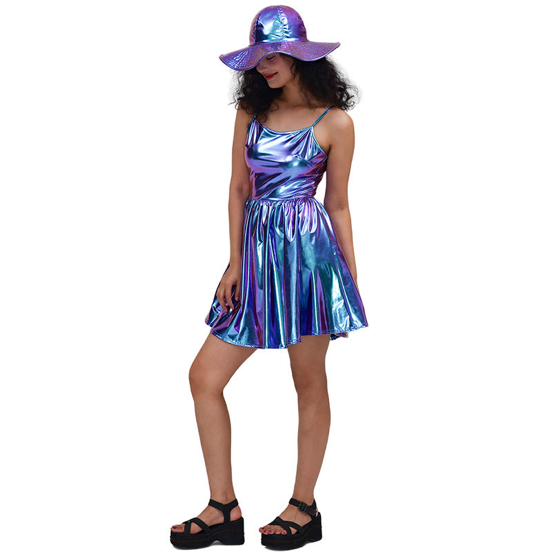 Vestido de lentejuelas con tirantes, de charol bronceado, color liso, sexy, plisado, para mujer