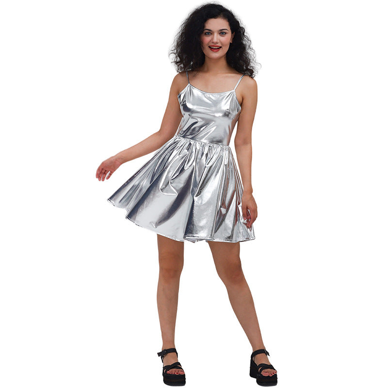 Vestido de lentejuelas con tirantes, de charol bronceado, color liso, sexy, plisado, para mujer