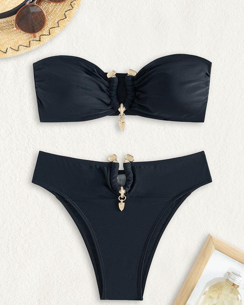 Conjunto de bikini de color liso con parte superior de tubo y abertura sexy para mujer