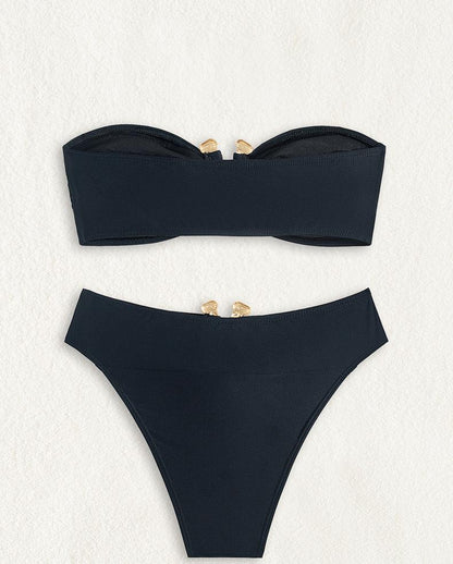 Conjunto de bikini de color liso con parte superior de tubo y abertura sexy para mujer