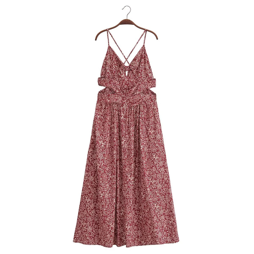 Women Clothing Stylish Opening Design Printing Midi Sling Dress YiPin